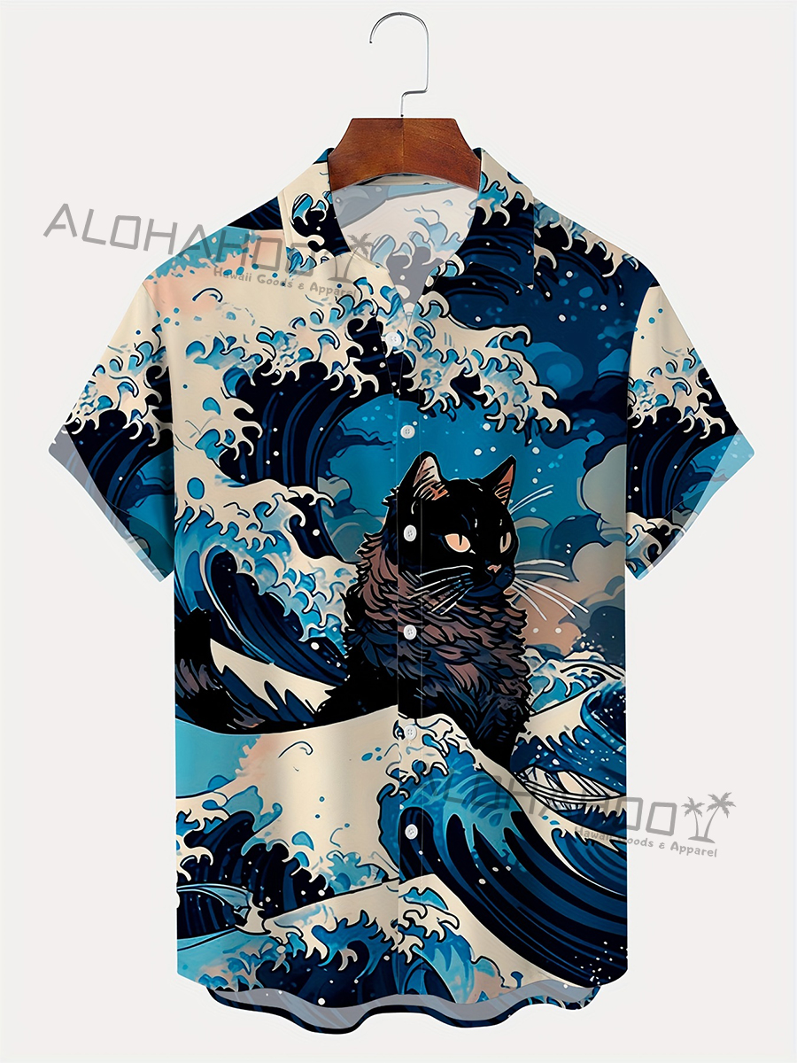Men's Hawaiian Shirts Japanese Style Ukiyo-e Cat Pattern Loose Short-Sleeved Shirt