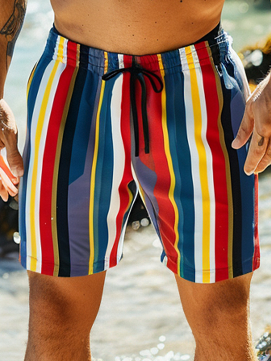 Men's Hawaiian Shorts Multicolor Stripes Vacation Beach Shorts