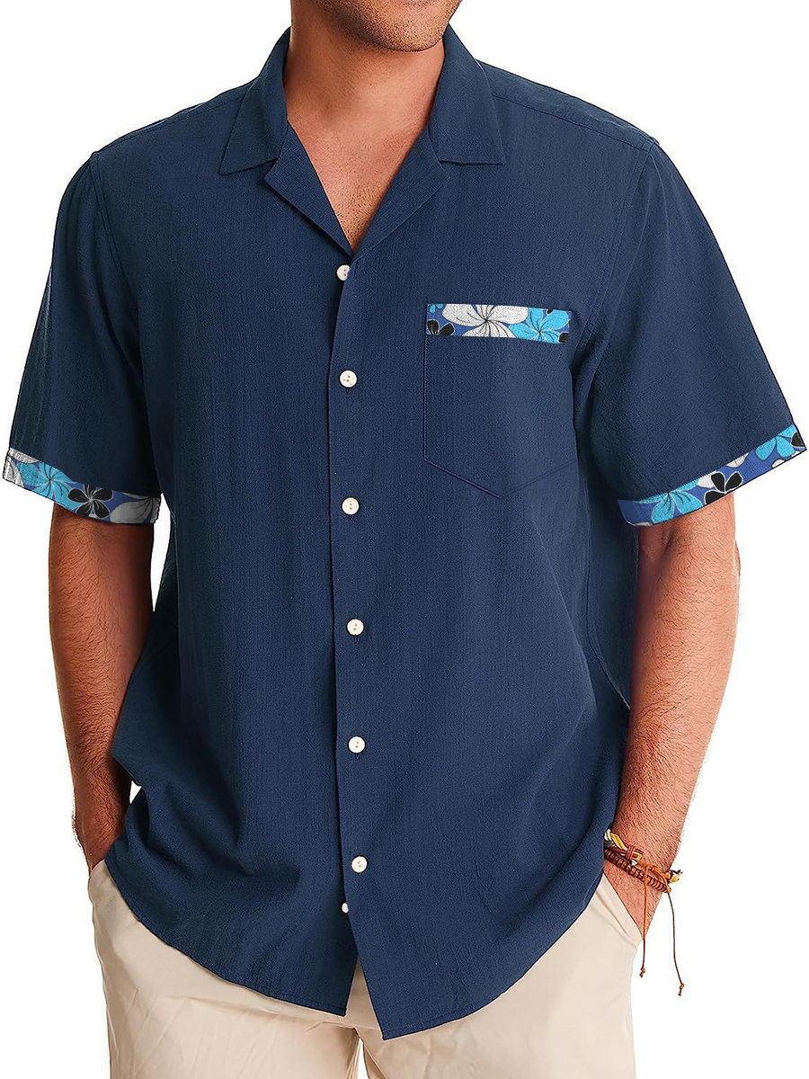 Men's Cotton-Linen Shirts Casual Natural Breathable Summer Hibiscus Lightweight Hawaiian Shirts