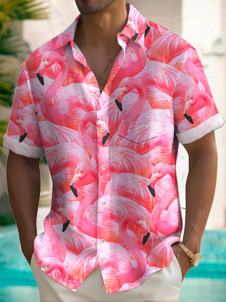 Hawaiian Flamingo Print Men's Button Pocket Short Sleeve Shirt