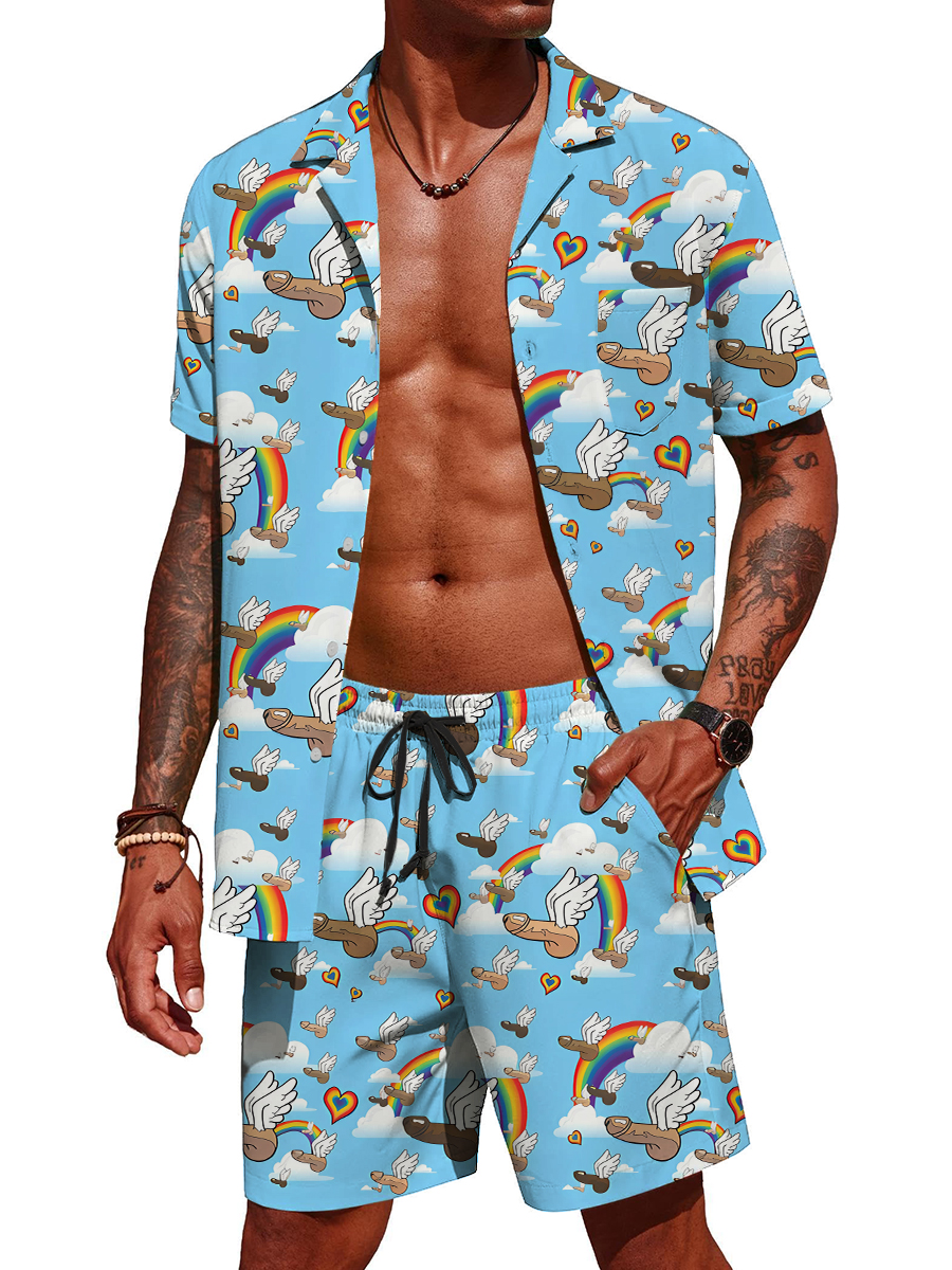 Men's Sets Hawaiian Fun Flying Rainbow Cocks Pattern Button Pocket Two-Piece Shirt Shorts Set