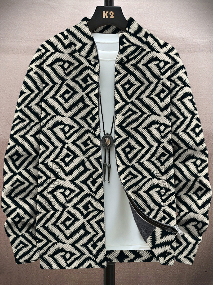 Men's Jacket Vintage Geometry Print Long-Sleeved Zip Cardigan Jacket