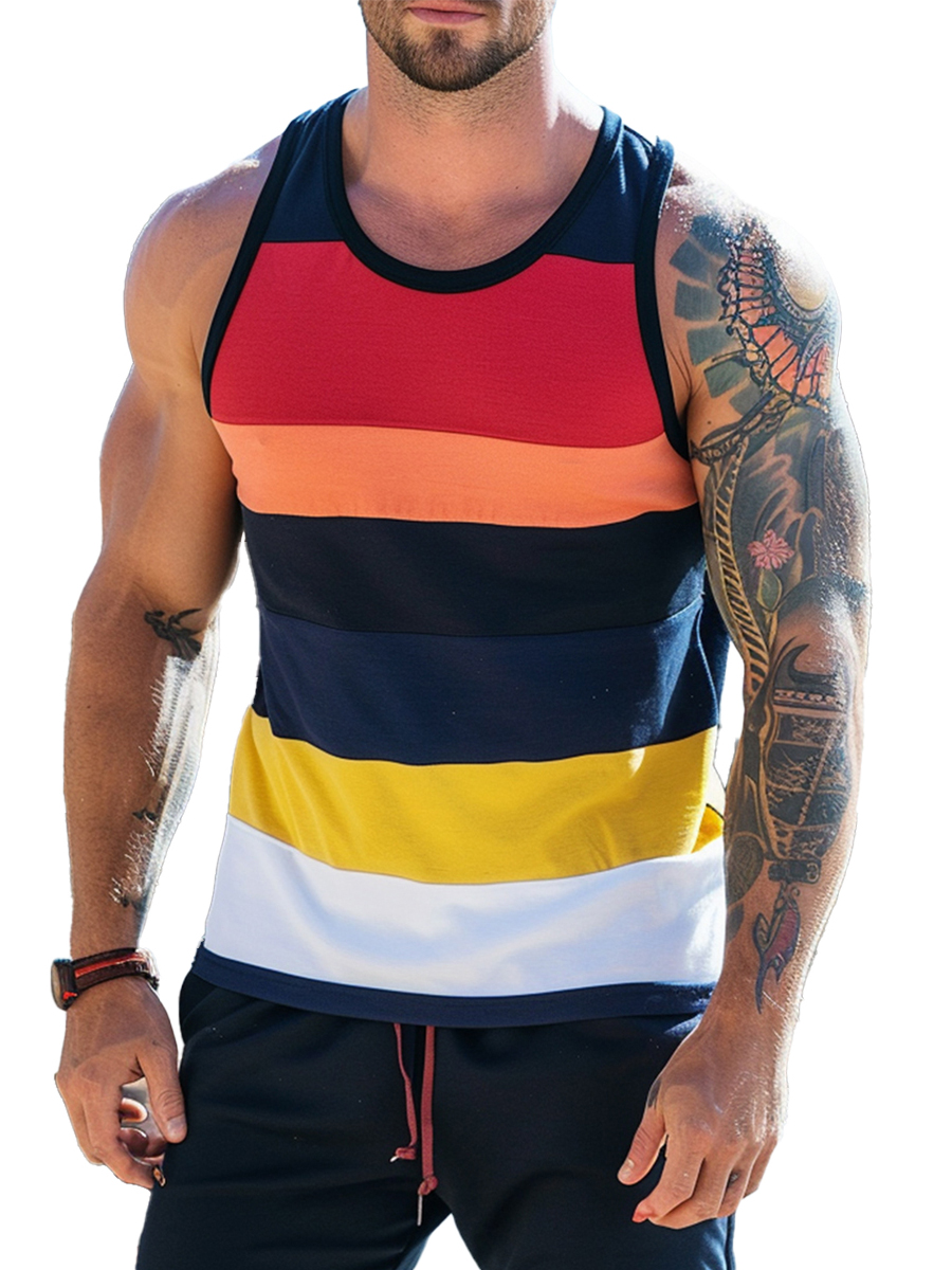 Men's Sleeveless Muscle Tank Top Multicolor Stripes Tank Top