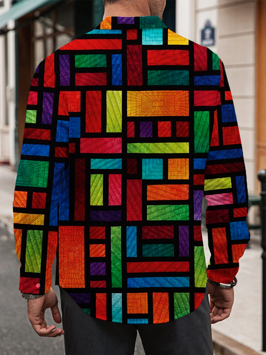 Vintage Casual Long Sleeve Shirt Colorblock Button Shirt