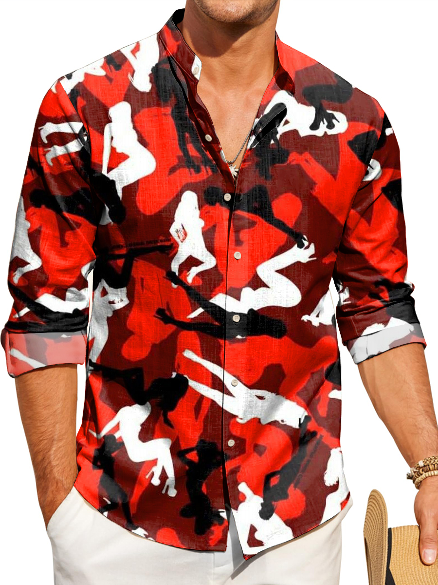 Retro Lady Camouflage Art Print Band Collar Long Sleeve Hawaiian Shirt