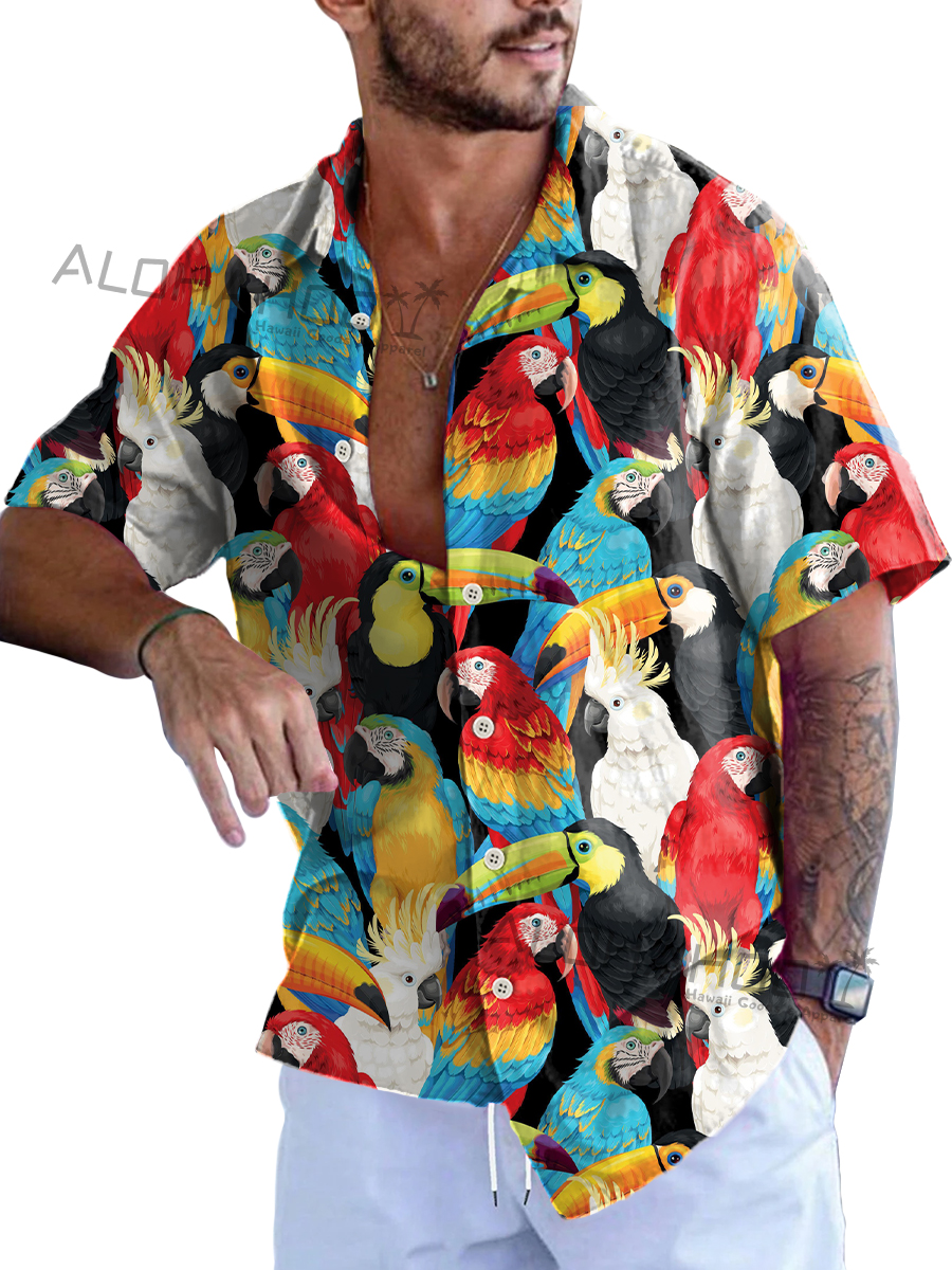 Tropical Garden Parrot Pattern Short-Sleeved Hawaiian Shirt