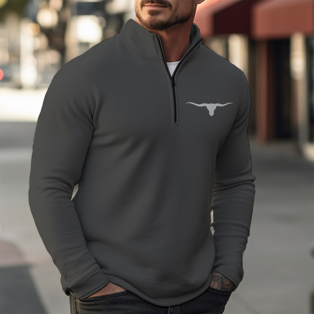 Simple Cowboy Print Casual Zip Long Sleeve Sweater