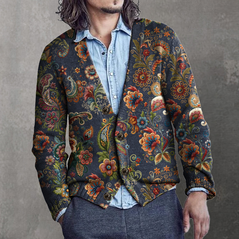 Men's Retro Paisley Print Buttoned Cardigan