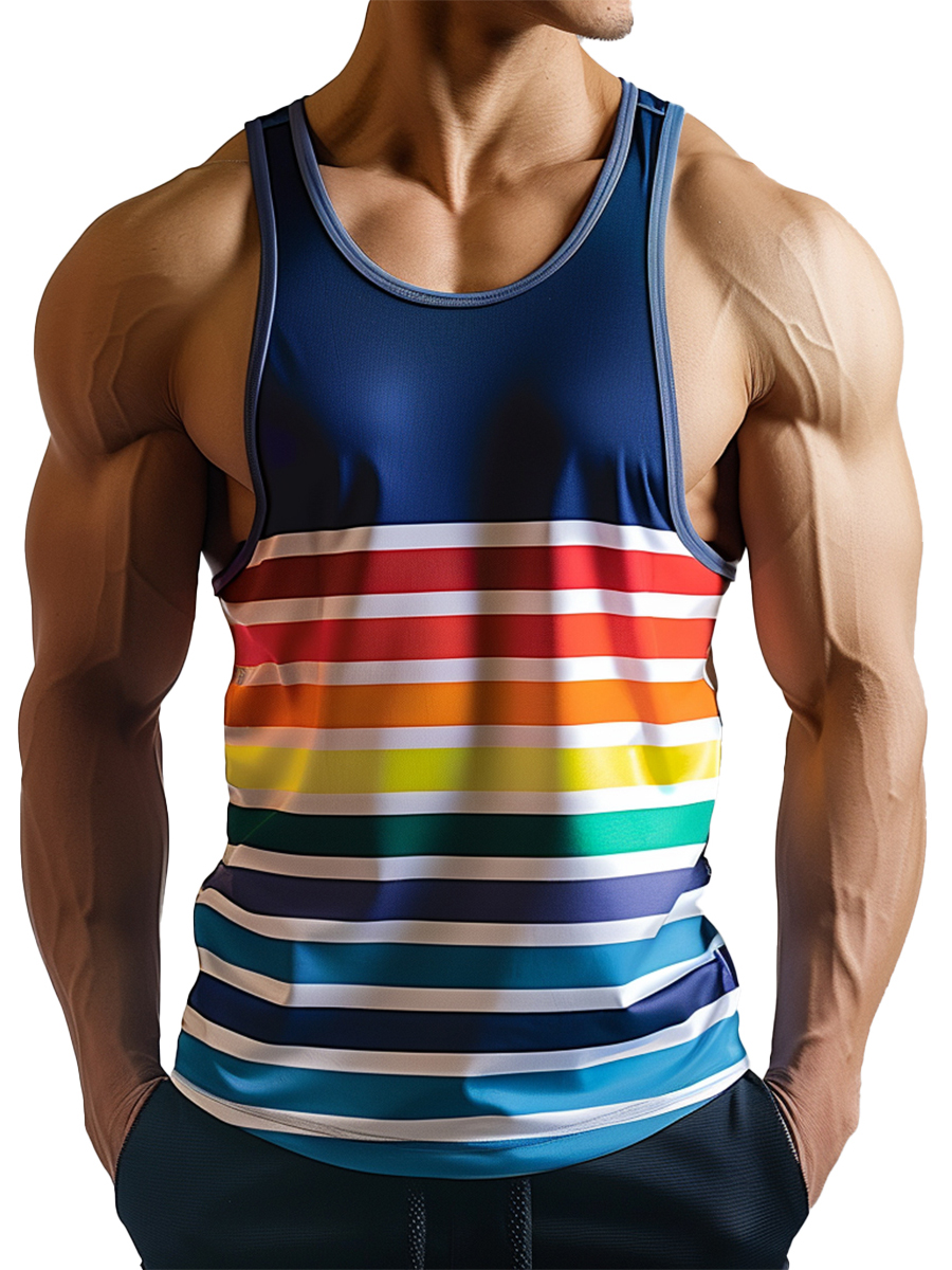 Men's Gym Muscle Tank Top Vintage Rainbow Lines Sleeveless T-shirt