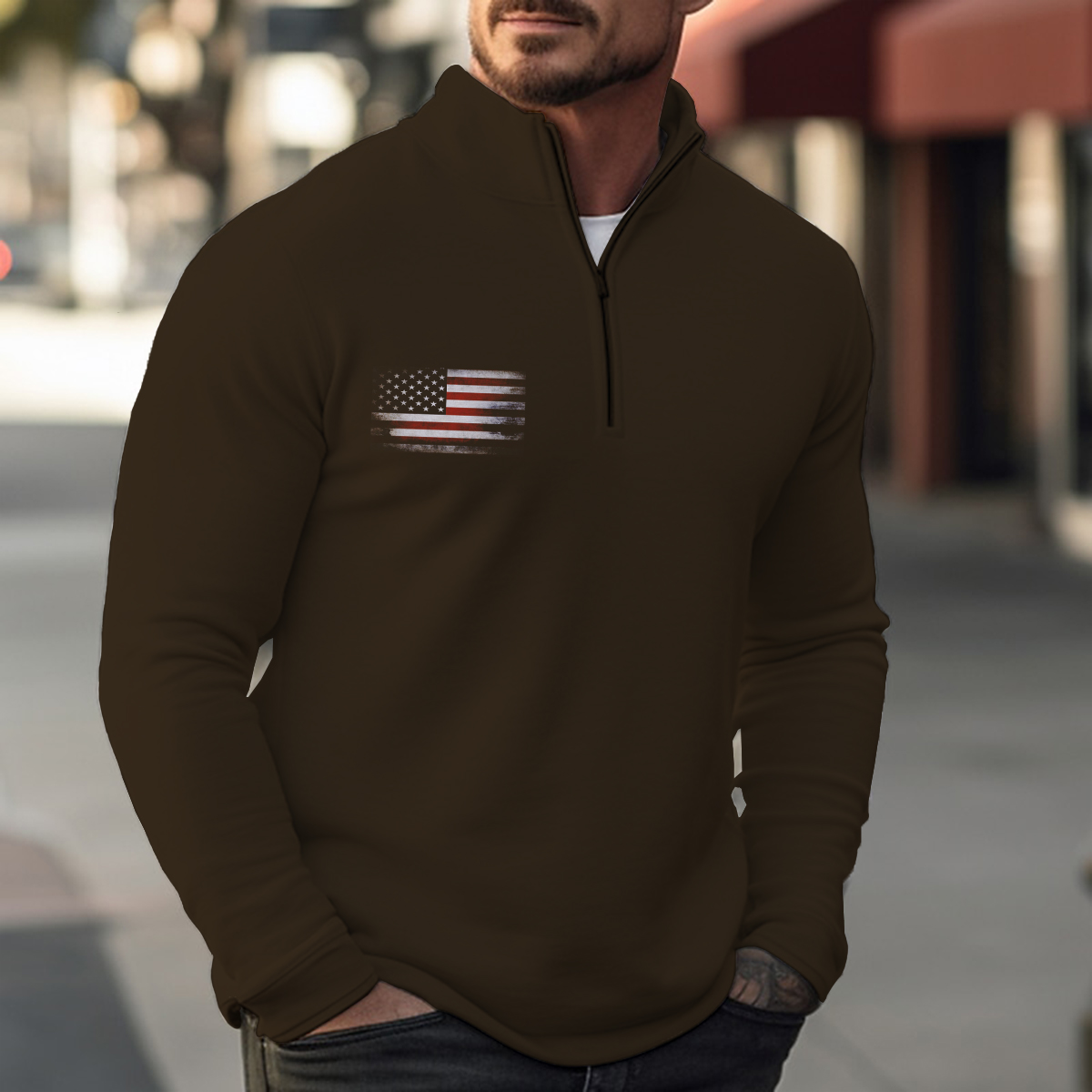 Basics Flag Casual Zip Long Sleeve Sweater