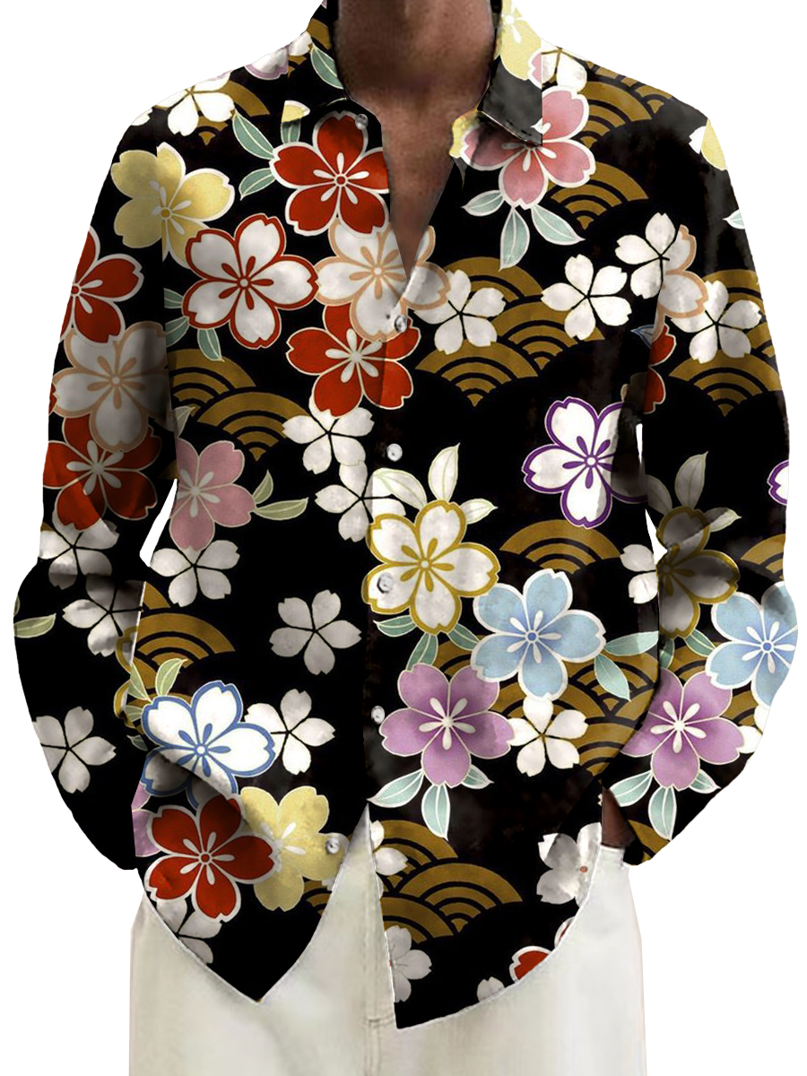 Japanese Style Sakura Print Long Sleeve Hawaiian Shirt