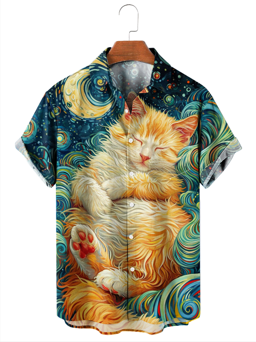 Men's Hawaiian Shirt Cute Sleeping Cat Art Print Short Sleeve Shirt