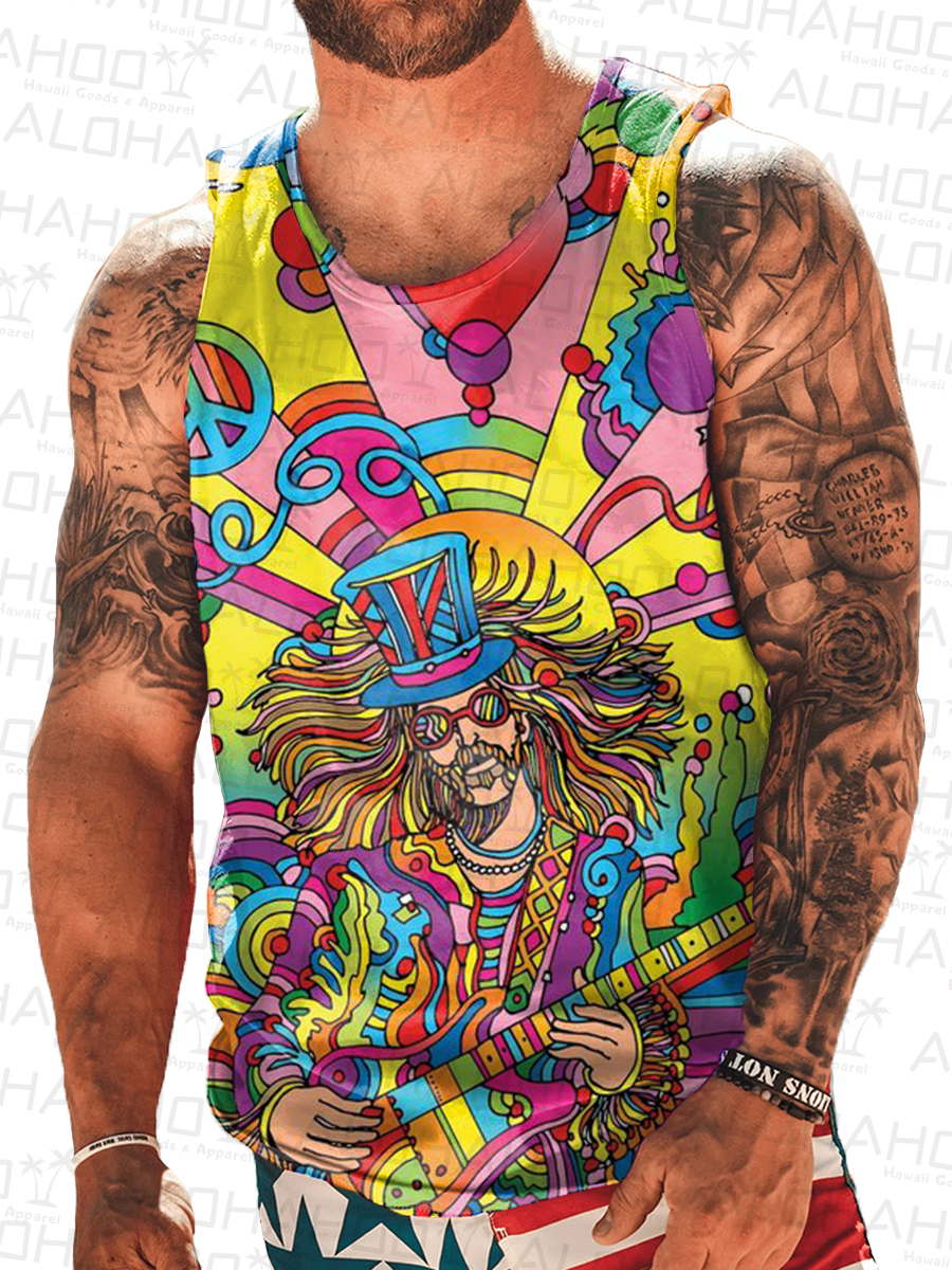 Hippie Musician 60's Style Print Sleeveless Tank Top