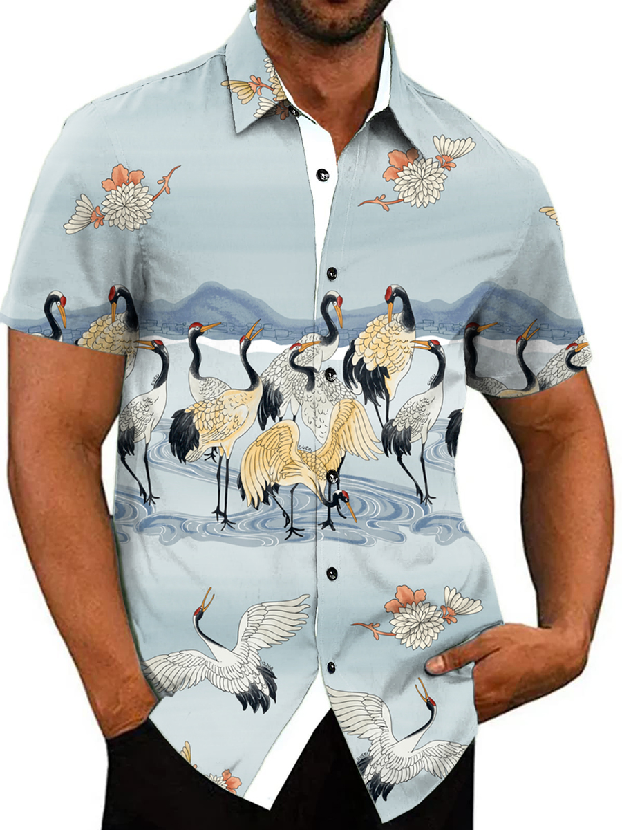 Japanese Style Vintage Crane Art Pattern Shirt Men's Aloha Shirt