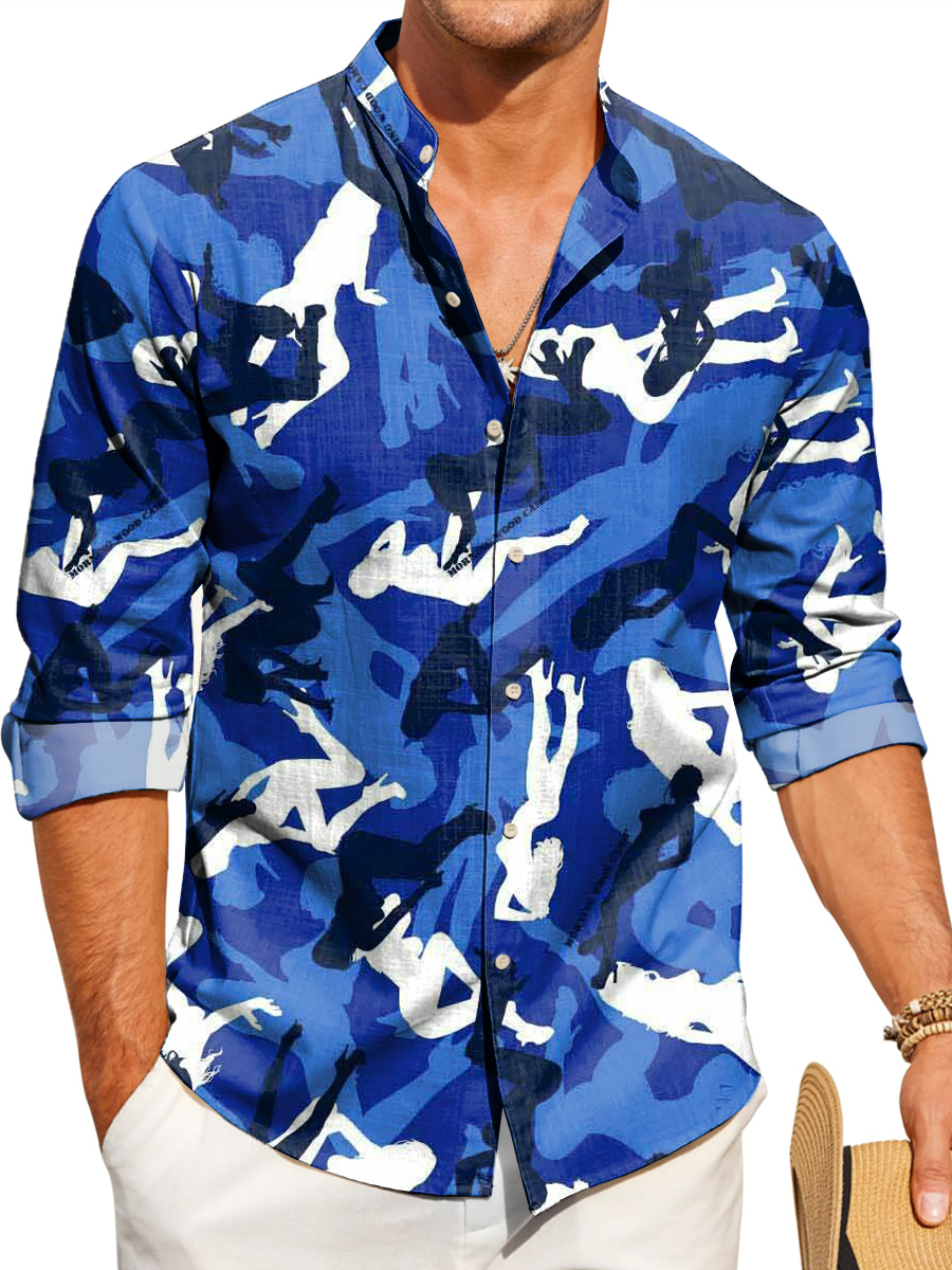 Retro Lady Camouflage Art Print Band Collar Long Sleeve Hawaiian Shirt