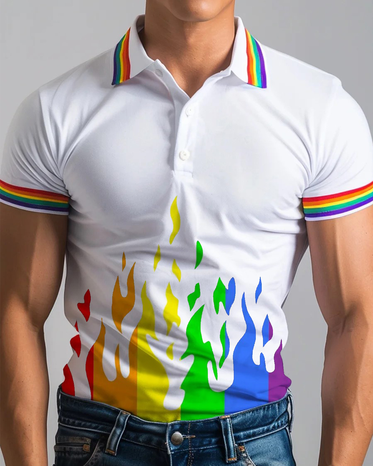 Men's Rainbow Flame White Pride Polo Shirt
