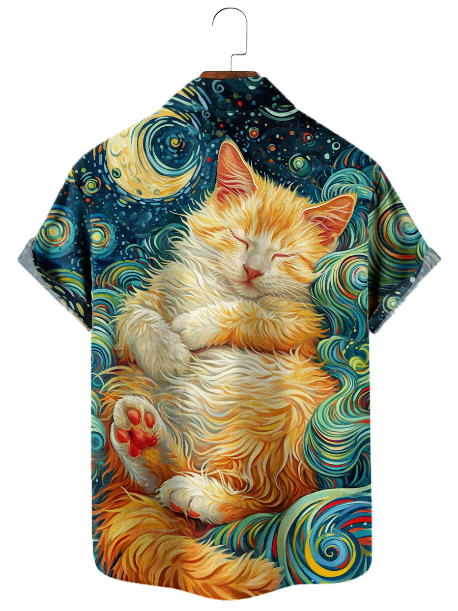 Men's Hawaiian Shirt Cute Sleeping Cat Art Print Short Sleeve Shirt