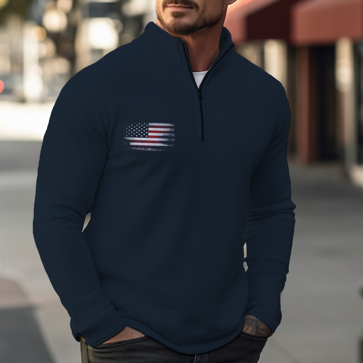 Basics Flag Casual Zip Long Sleeve Sweater
