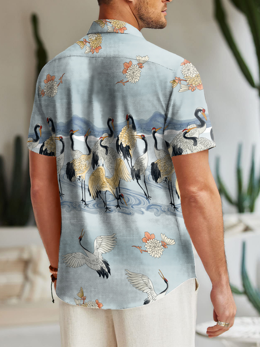 Japanese Style Vintage Crane Art Pattern Shirt Men's Aloha Shirt