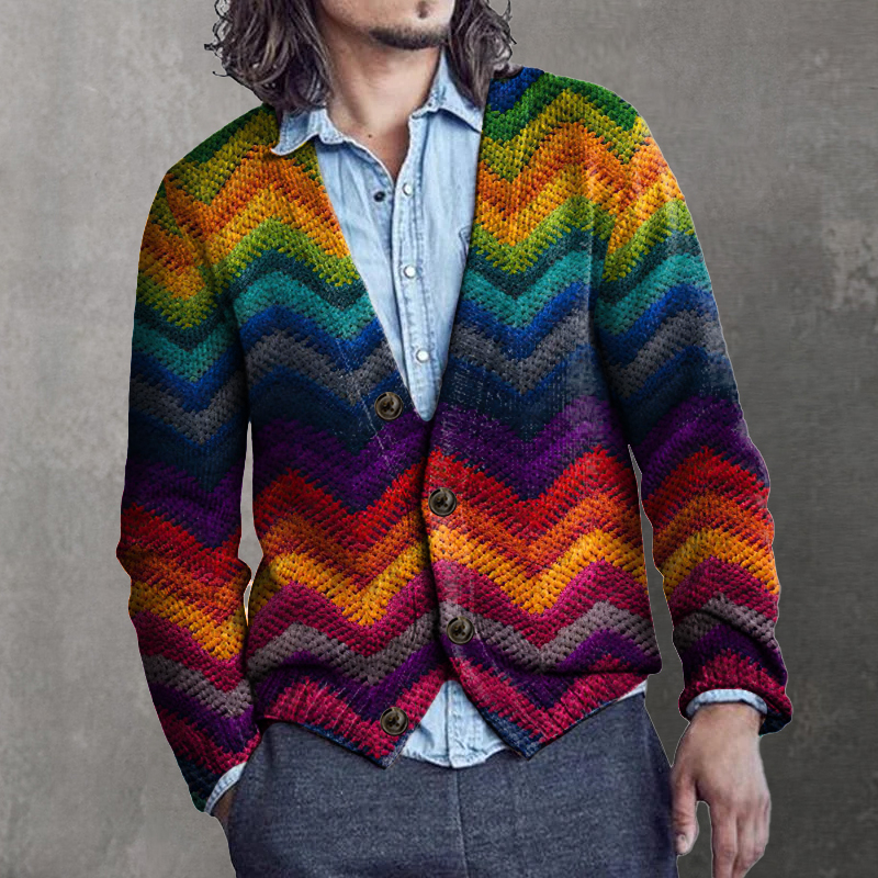 Men's Retro Rainbow Geometry Art Buttoned Cardigan