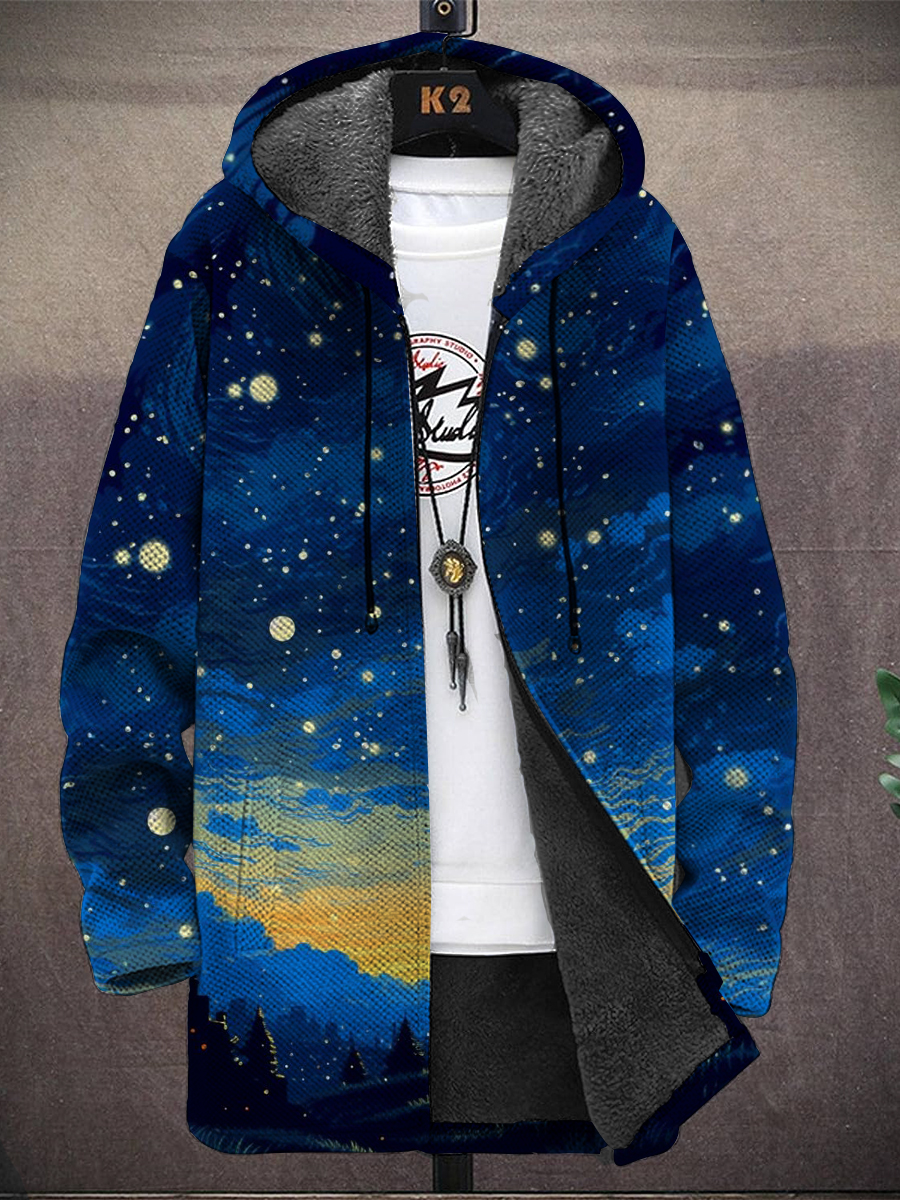 Men's Starry Night Print Hooded Two-Pocket Fleece Cardigan Jacket