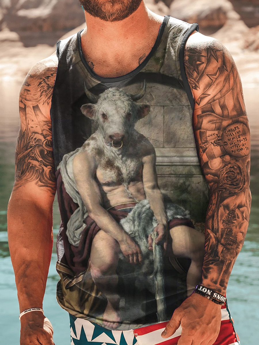 Men's Tank Top Cow Art Print Crew Neck Tank T-Shirt