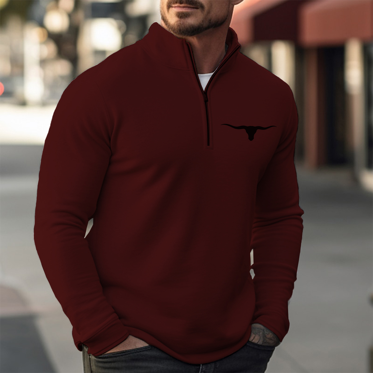 Simple Cowboy Print Casual Zip Long Sleeve Sweater