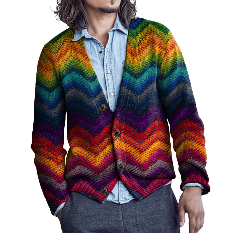 Men's Retro Rainbow Geometry Art Buttoned Cardigan