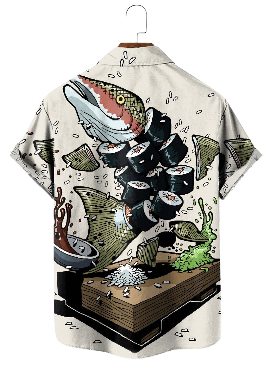 Men's Hawaiian Shirt Fun Japanese Fun Creative Sashimi Sushi Printed Style Short Sleeve Casual Shirt