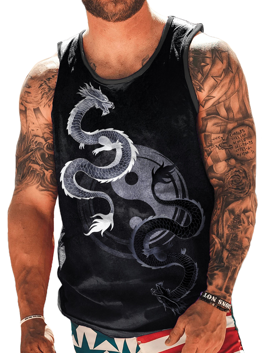 Men's Tank Top Japanese Style Yin Yang Dragon Print Crew Neck Tank T-Shirt