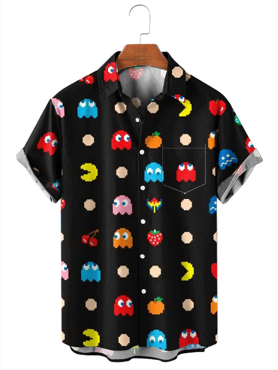 Pac Man Shirt Cartoon Pattern Chest Pocket Short Sleeve Casual Shirt