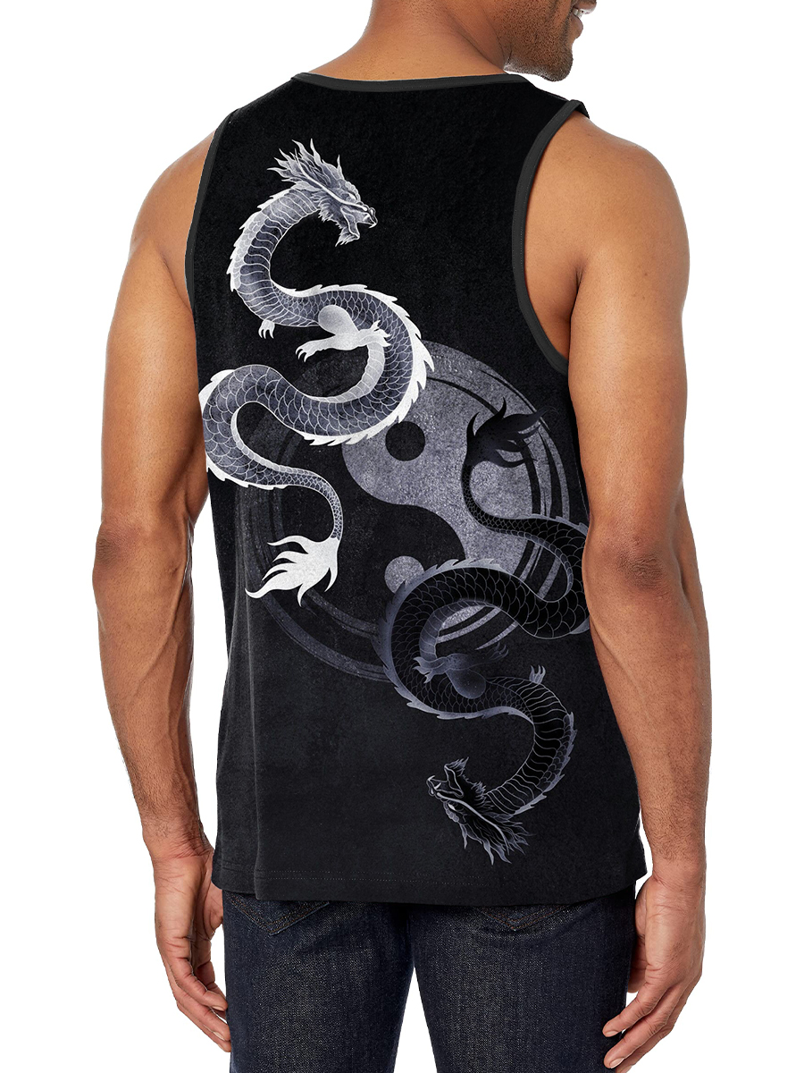 Men's Tank Top Japanese Style Yin Yang Dragon Print Crew Neck Tank T-Shirt