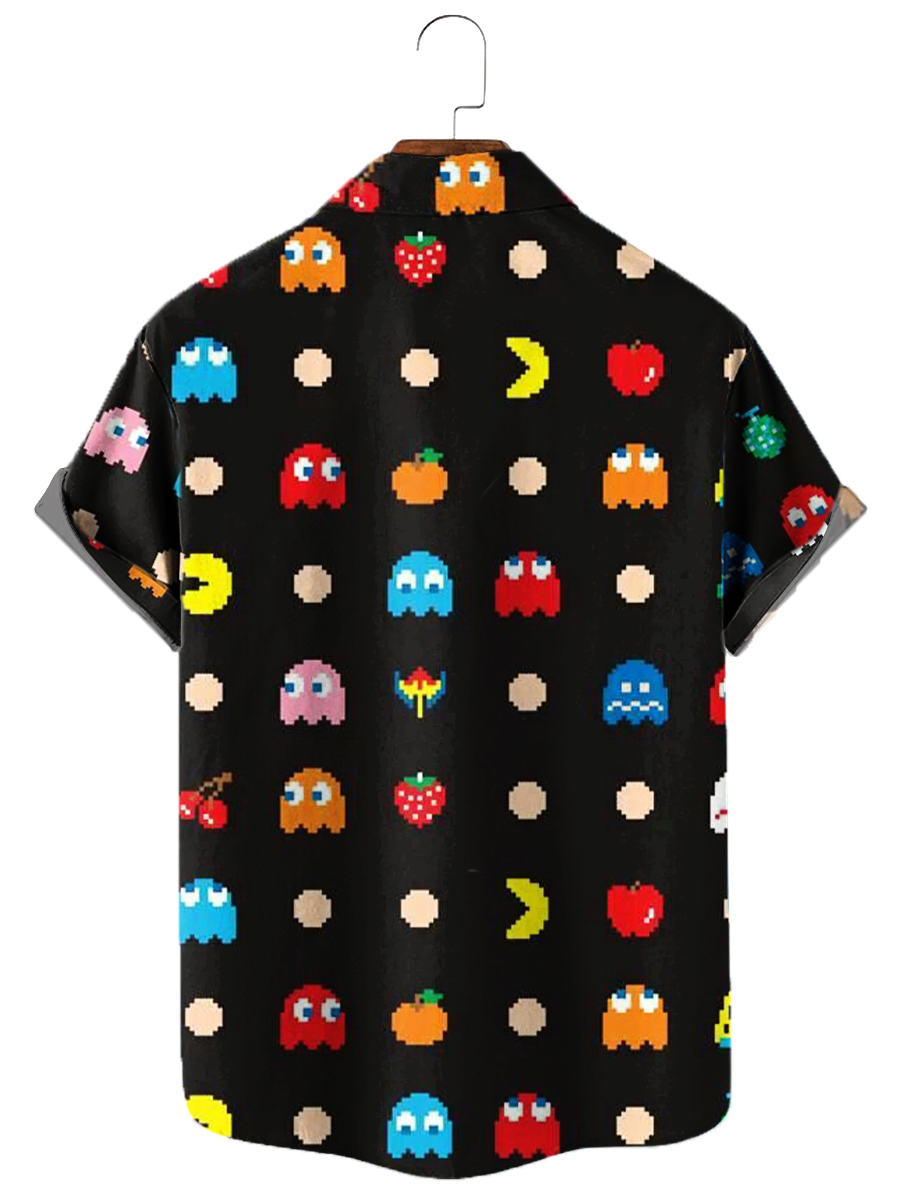 Pac Man Shirt Cartoon Pattern Chest Pocket Short Sleeve Casual Shirt