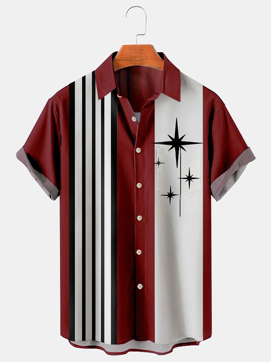 Retro Bowling Geometric Pattern Stripe Print Men's Chest Pocket Holiday Shirt Oversized Shirt