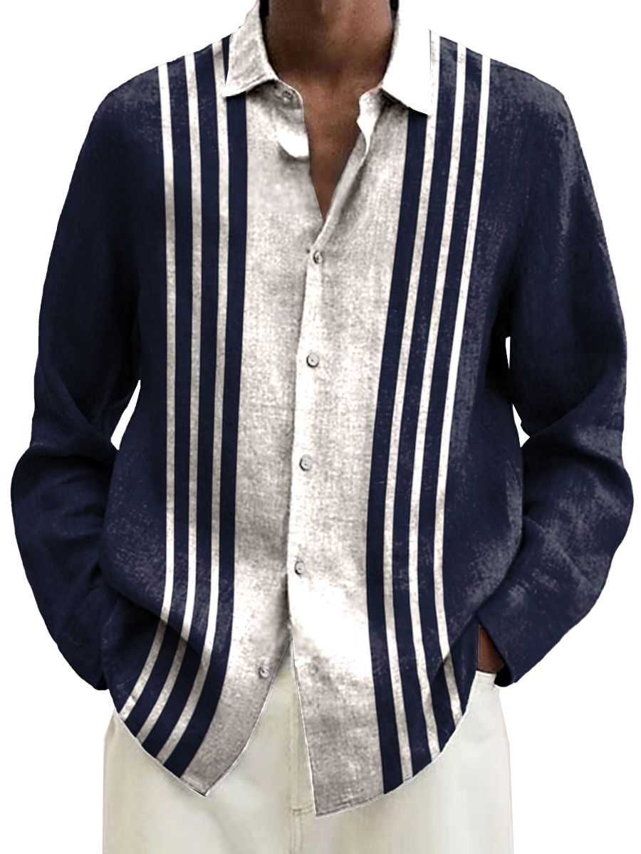 Stripes Pattern Bowling Style Long Sleeve Hawaiian Shirt