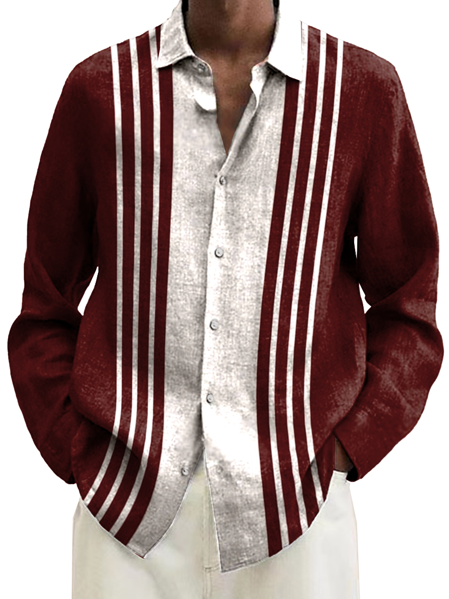 Stripes Pattern Bowling Style Long Sleeve Hawaiian Shirt
