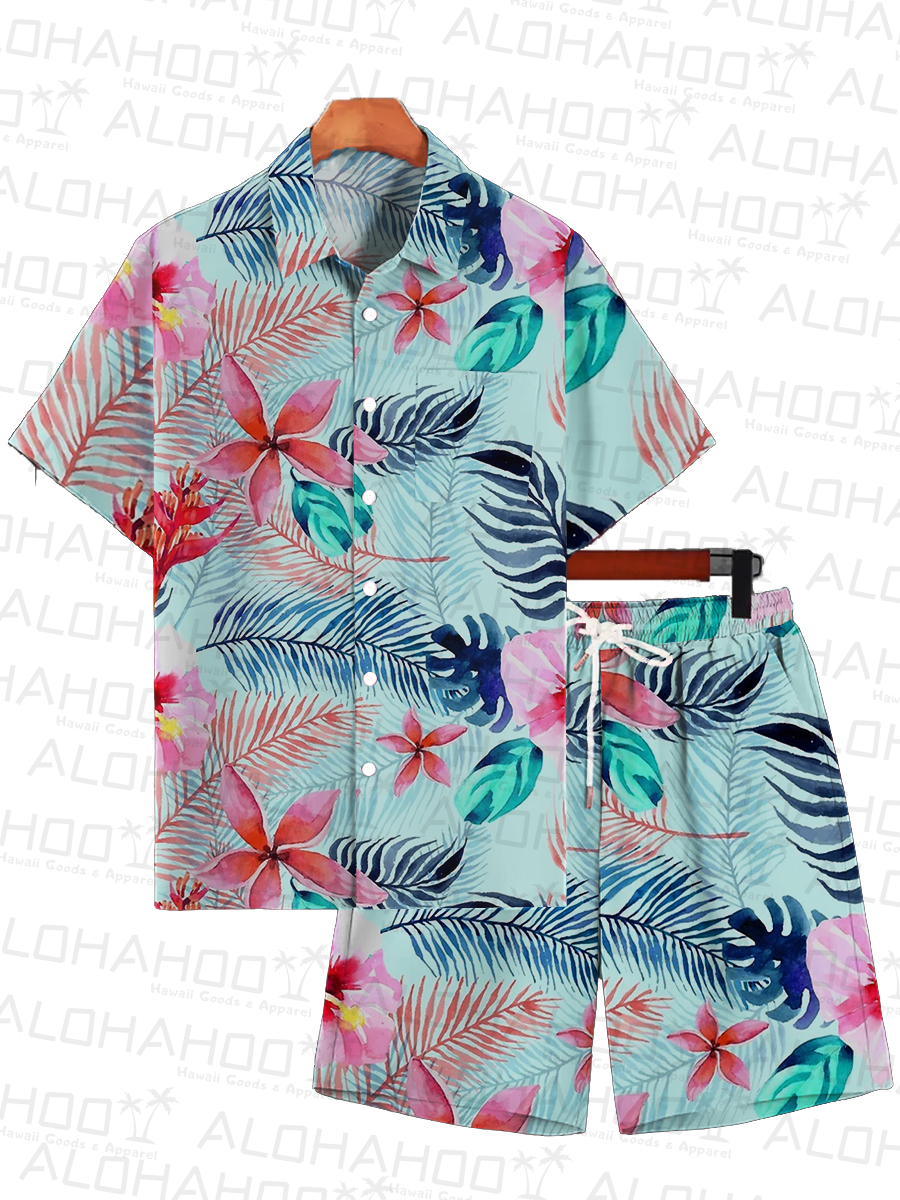 Men's Sets Hawaiian Floral Print Button Pocket Two-Piece Shirt Shorts Set