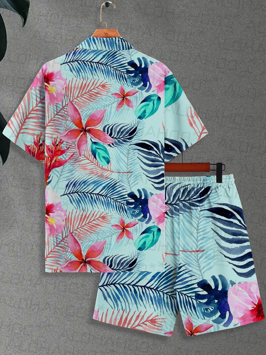 Men's Sets Hawaiian Floral Print Button Pocket Two-Piece Shirt Shorts Set