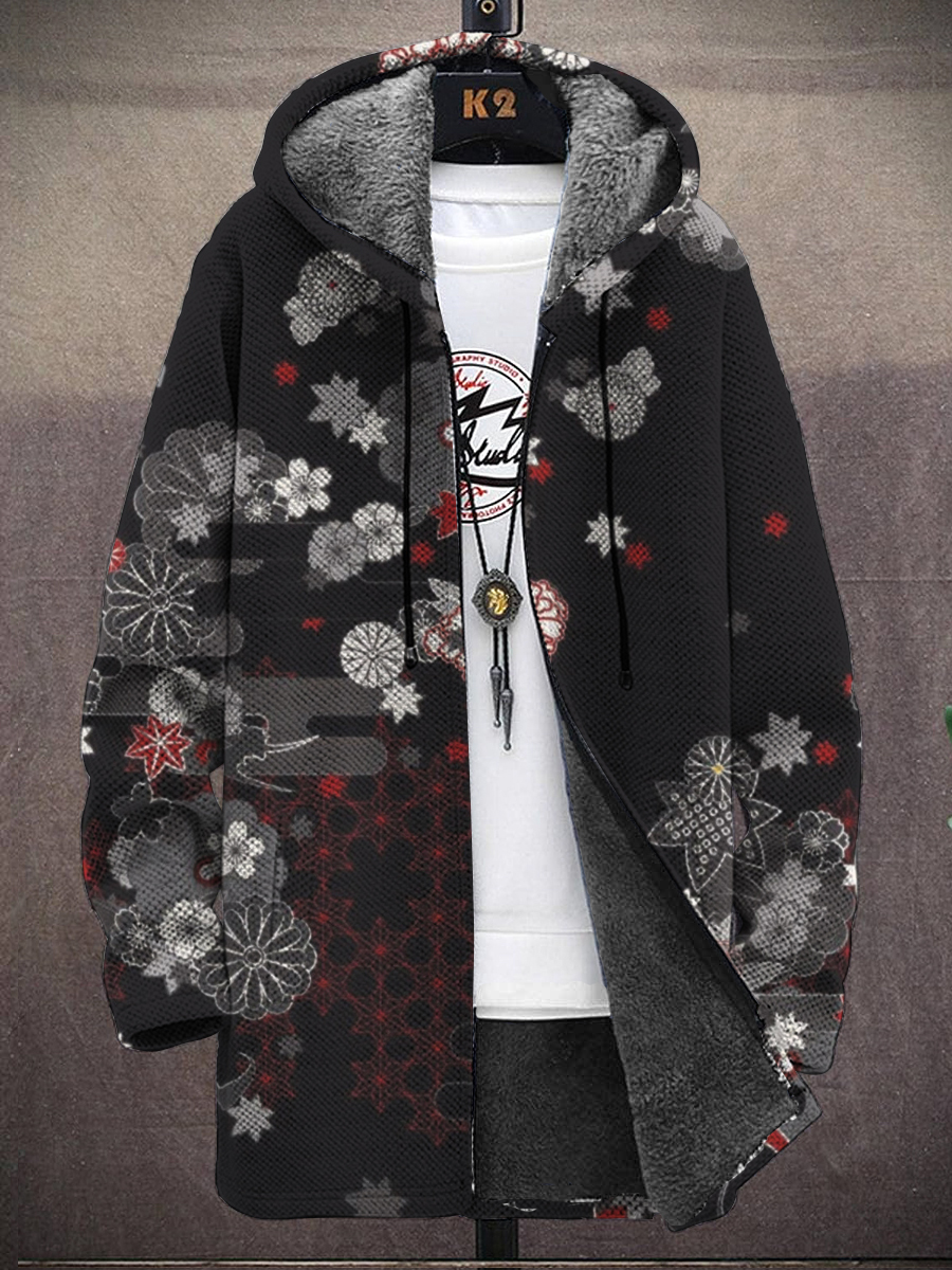 Men's Art Japanese Style Floral Print Hooded Two-Pocket Fleece Cardigan Jacket