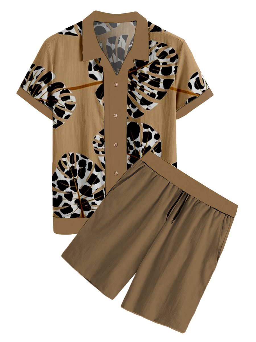 Men's Sets Hawaiian Leopard Pattern Leaves Print Button Pocket Two-Piece Shirt Shorts Set
