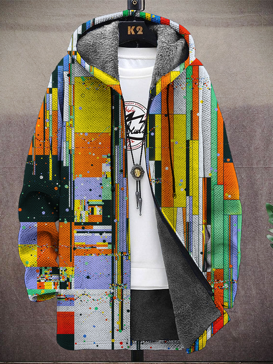 Men's Art Multicolored Geometry Print Hooded Two-Pocket Fleece Cardigan Jacket