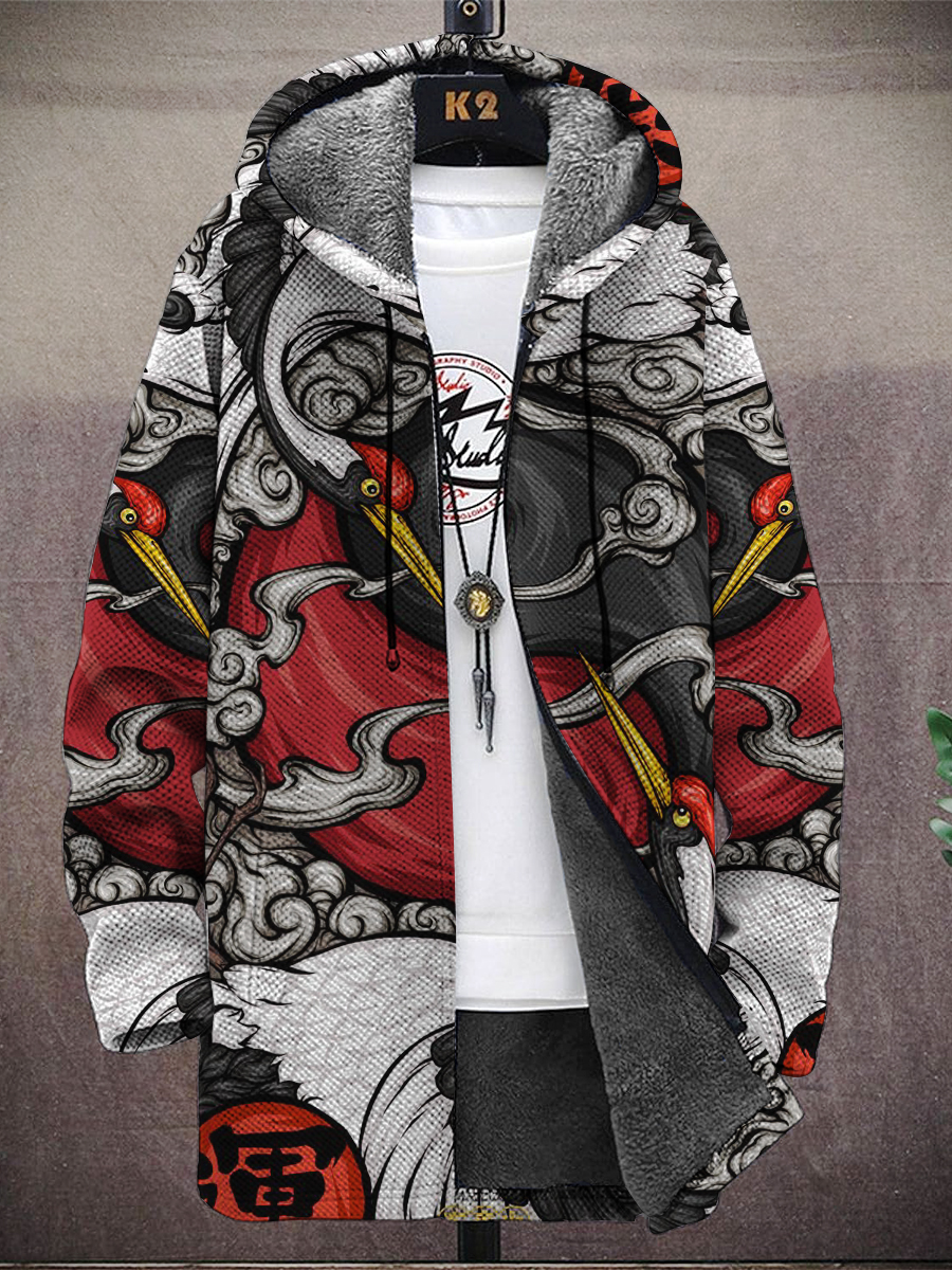 Men's Japanese Style Crane Print Hooded Two-Pocket Fleece Cardigan Jacket