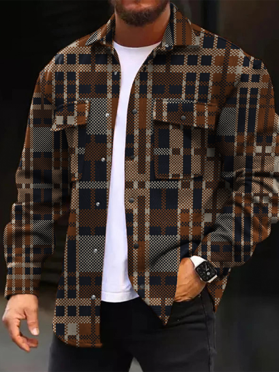 Men's Casual Jacket Fashion Retro Plaid Printed Long Sleeve Pocket Jacket