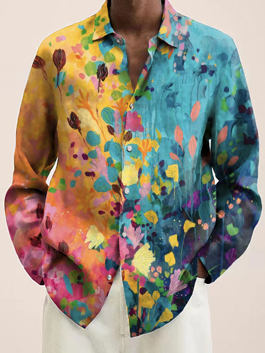 Men's Hawaiian Shirt Art Multicolored Floral Print Casual Vacation Oversized Long Sleeve Shirt