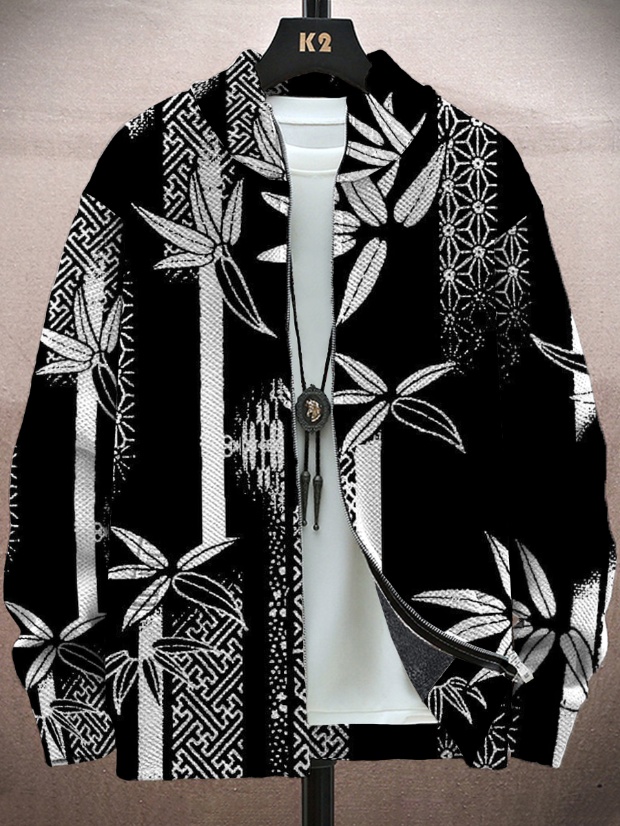Men's Jacket Bamboo Print Long-Sleeved Zip Cardigan Jacket