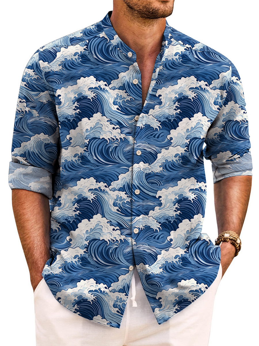 Blue Wave Print Easy Care Aloha Long Sleeve Shirts