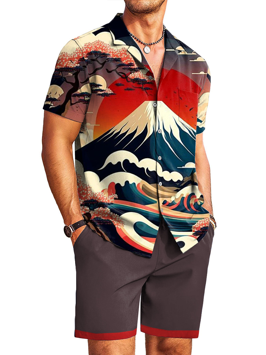 Men's Sets Hawaiian Mountain Fuji Print Button Pocket Two-Piece Shirt Shorts Set
