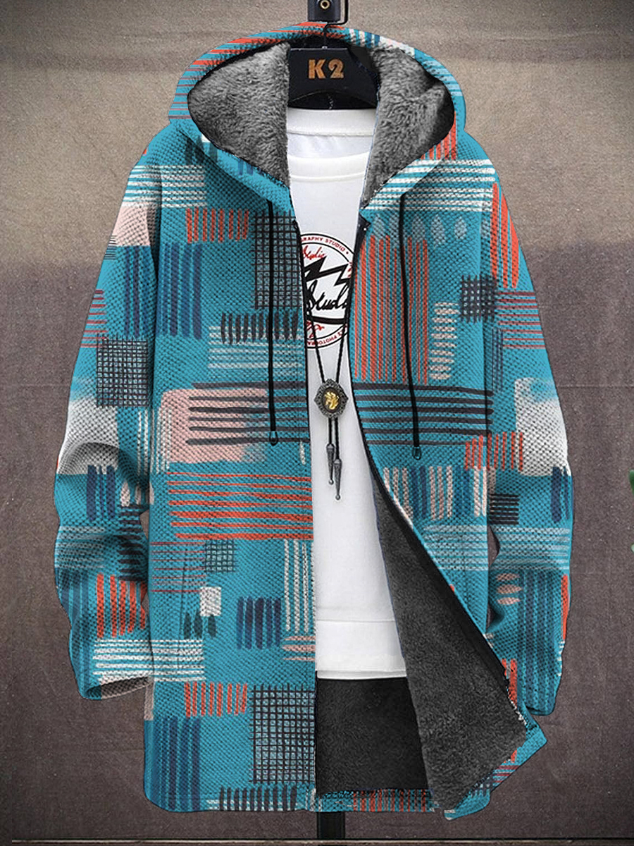 Men's Irregular Square Pattern Print Hooded Two-Pocket Fleece Cardigan Jacket