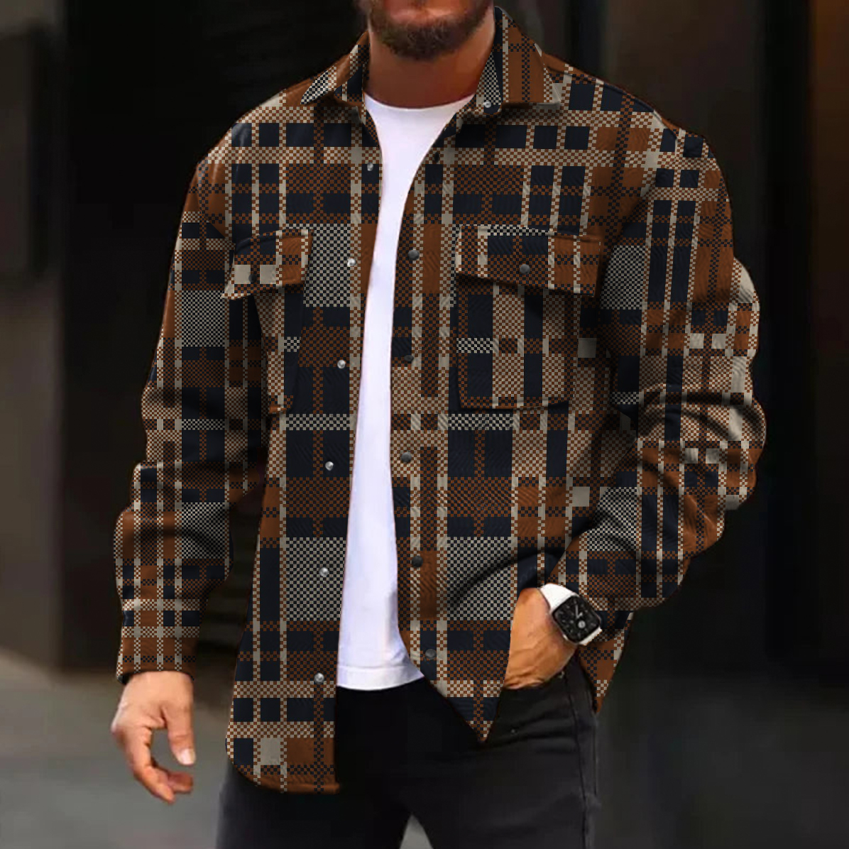 Men's Casual Jacket Fashion Retro Plaid Printed Long Sleeve Pocket Jacket
