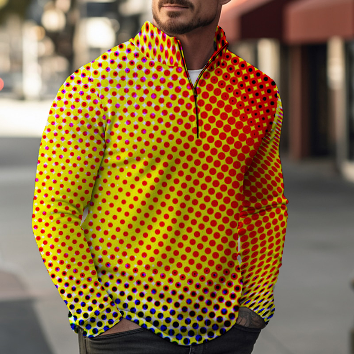 Gradient Polka Dot Casual Zip Long Sleeve Sweater